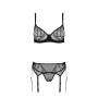 Комплект Passion LEAFA SET black, L/XL, мереживо+сітка, бюстгальтер на кісточках, стрінги, пояс для панчіх