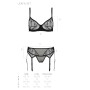 Комплект Passion LEAFA SET black, L/XL, мереживо+сітка, бюстгальтер на кісточках, стрінги, пояс для панчіх