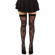 Панчохи Leg Avenue Wild rose net thigh highs, One Size, чорні, широка резинка, малюнок-троянди