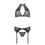 Комплект білизни Passion SATARA SET L/XL black, топ, пояс для панчіх, стрінги