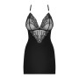 Сатиновий комплект для сну з мереживом Obsessive 828-CHE-1 chemise & thong L/XL, чорний, сорочка