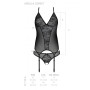 Корсет із пажами, трусики з ажурним декором та відкритим кроком Passion URSULA CORSET S/M, black