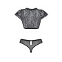 Комплект Passion LEAFA BIKINI black, XXL/XXXL, бюстгальтер-топ з рукавчиками, стрінги-шортики з вирізом