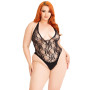 Тедді Leg Avenue Floral lace deep-V teddy, 1X/2X, чорне, мереживне, відкрита спина, високі трусики