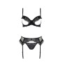 Комплект Passion KERRIA SET WITH OPEN BRA black, S/M, бюстгальтер з відкритою чашкою, стрінги, пояс для панчіх